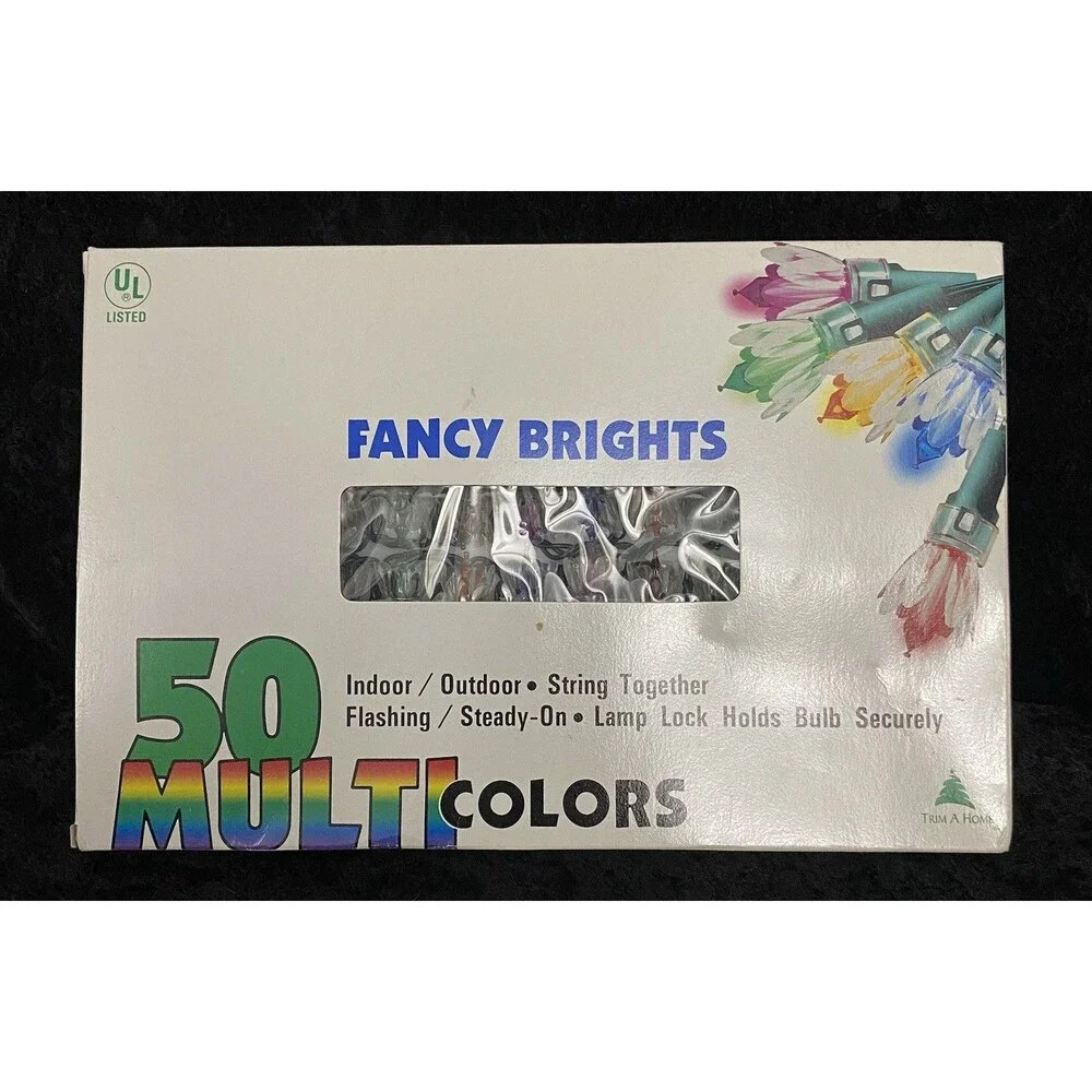 Vtg Fancy Brights 50) Multi Color Bulbs w/ Tulip Christmas String Lights 24’ NIB